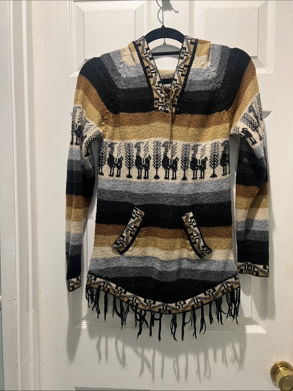 Alpaca Striped V-Neck Fringe Pullover Sweater - Black, Gray & Tan